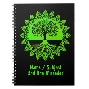 Change Name Text - Green Celtic Tree of Life Black Notebook