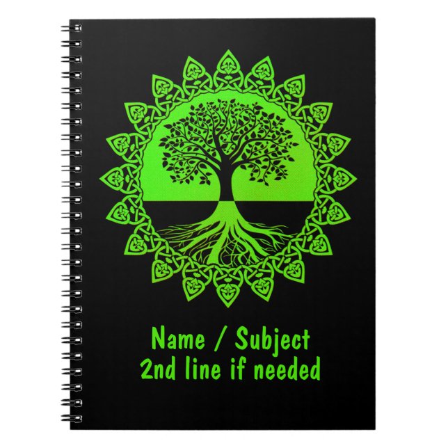 Change Name Text - Green Celtic Tree of Life Black Notebook (Front)
