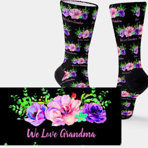 Change Name Text, We Love Grandma Floral   Socks