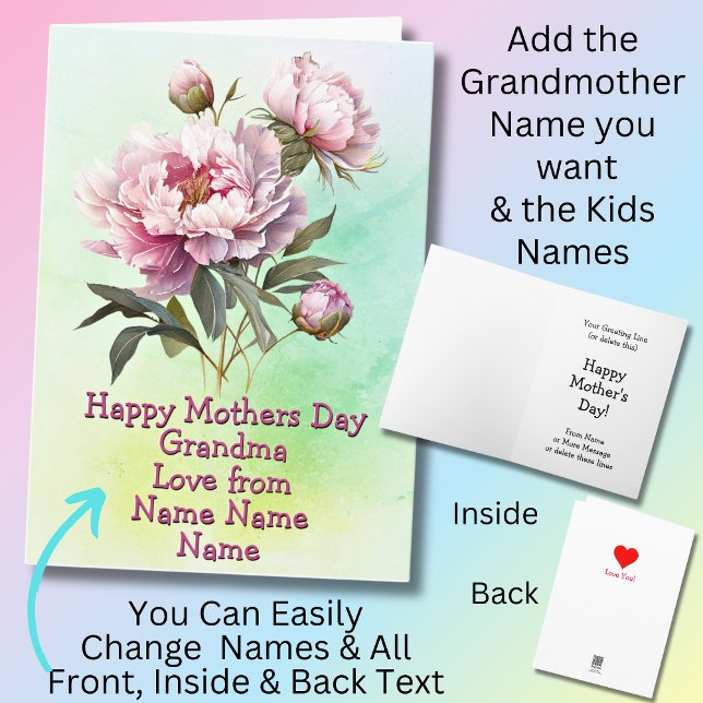 Change Names Happy Mothers Day Grandma Peony      Card (Creator Uploaded)