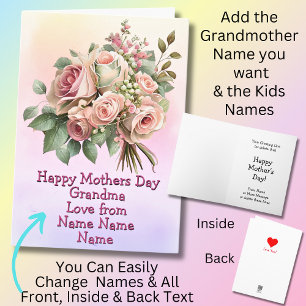 Change Names, Happy Mothers Day Grandma Pink Green Card