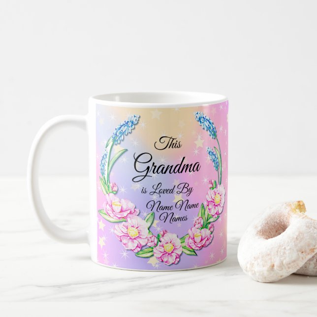 Change Names Mothers Day Grandma Pink Blue Flowers Coffee Mug (With Donut)