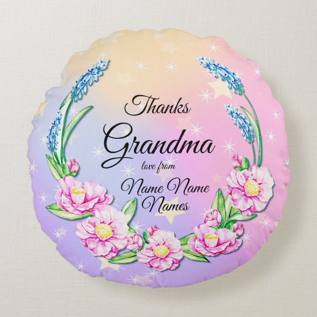 Change Names Mothers Day Grandma Pink Blue Flowers Round Cushion (Front)