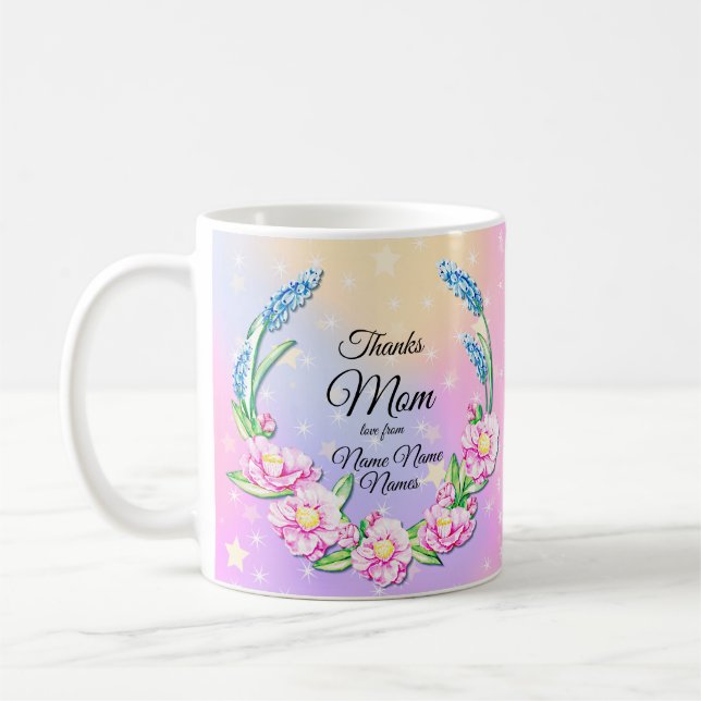 Change Names Mothers Day Pink Pastel Flowers Stars Coffee Mug (Left)