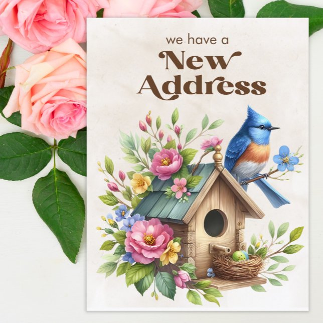 Change of Address Birdhouse Blue Bird Flowers Announcement Postcard (Birdhouse/blue jay change of address postcard)