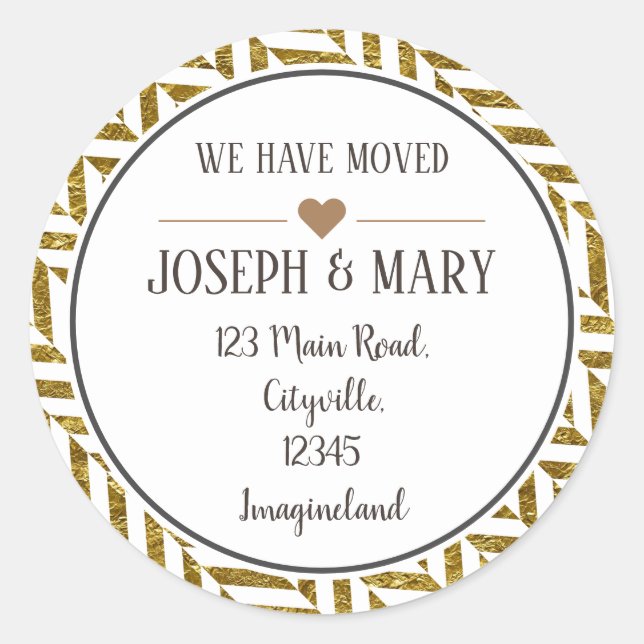 Change of address black gold herringbone modern classic round sticker (Front)