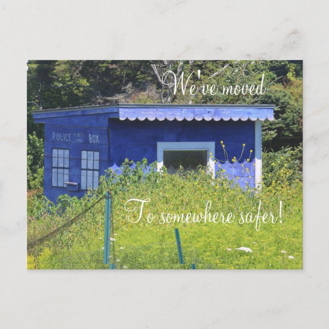 Change of address, blue police call box announcement postcard (Front)