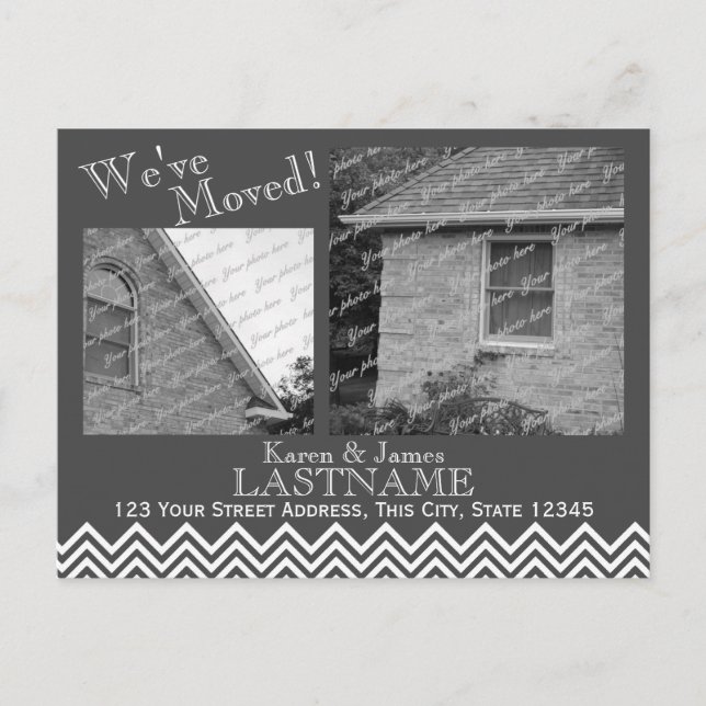 Change of Address Chevron Pattern with Photo Grey Announcement Postcard (Front)