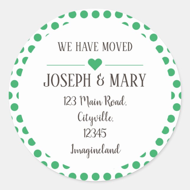Change of address green polka dots classic round sticker (Front)