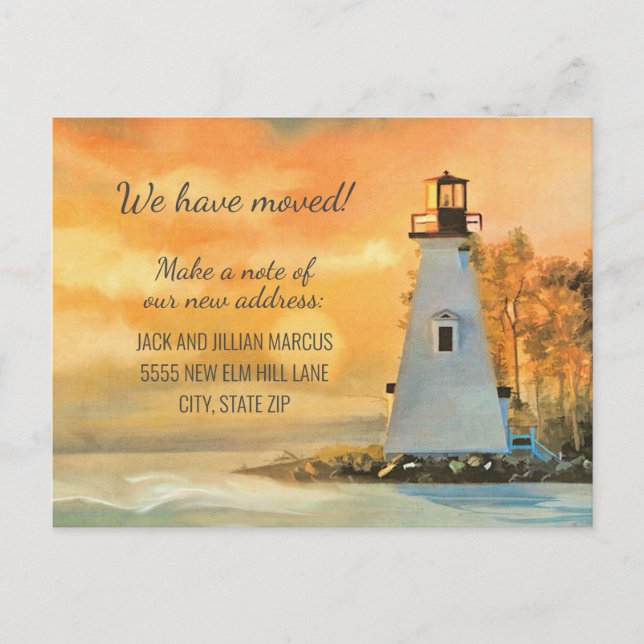 Change of Address Lighthouse Painting Coast Sunset Postcard (Front)