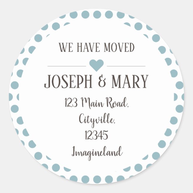 Change of address silver blue polka dots classic round sticker (Front)