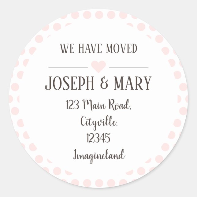 Change of address silver pink polka dots classic round sticker (Front)
