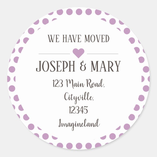 Change of address silver purple polka dots classic round sticker (Front)