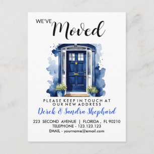 Change of address we have moved blue front door announcement postcard
