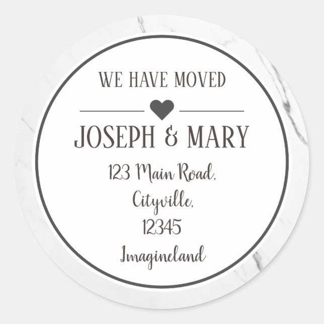 Change of address white Carrara marble Classic Round Sticker (Front)