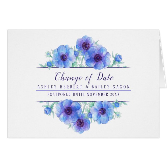 Change of date anemone blue wedding postponed card (Front Horizontal)