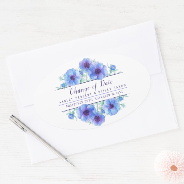 Change of date anemone blue wedding postponed oval sticker (Envelope)