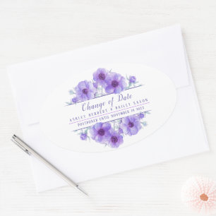Change of date anemone purple wedding postponed oval sticker