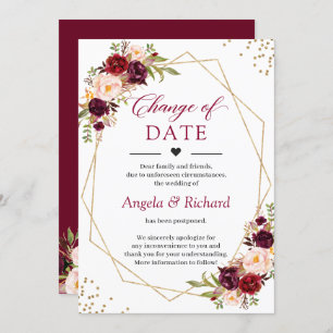 Change of Date Burgundy Red Floral Gold Geometric Invitation