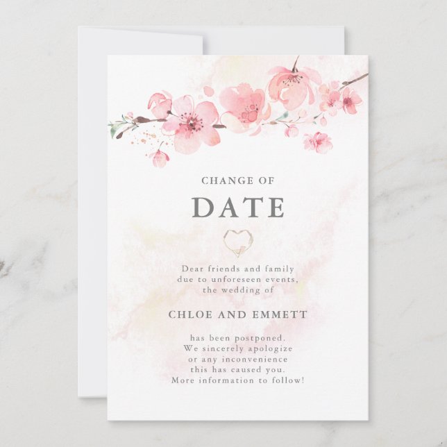 Change of Date Cherry Blossom Wedding Announcement (Front)