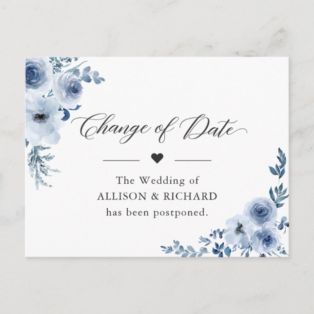 Change of Date Elegant New Plan Dusty Blue Flowers Postcard (Front)