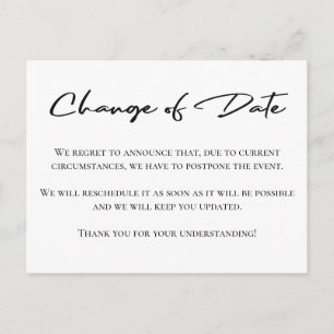 Change of date elegant postponement announcement postcard
