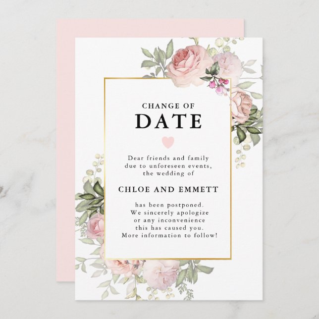 Change of Date Pink Floral Wedding Announcement (Front/Back)
