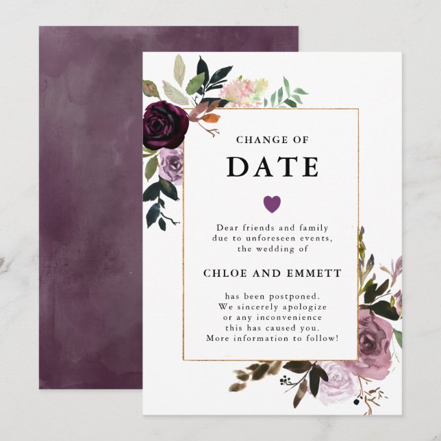 Change of Date Purple Mauve Pink Floral Wedding Invitation (Front/Back)