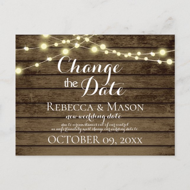Change of Date Rustic Barn Wood and Lights Postcard (Front)