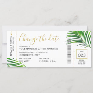 Change of Date Tropical Palm Boarding Pass Wedding Announcement