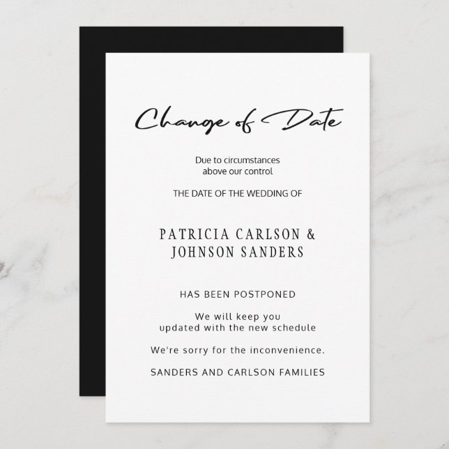 Change of date wedding postponement announcement (Front/Back)