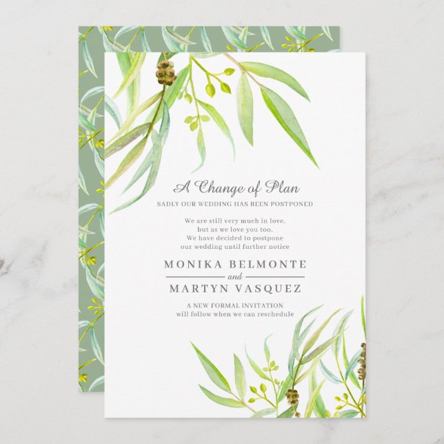 Change of plan Eucalyptus leaf watercolor wedding Invitation (Front/Back)