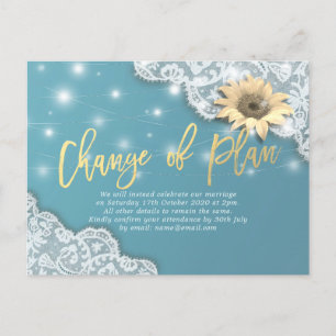 Change Of Plan Wedding Postponement Lace Sunflower Announcement Postcard