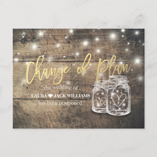 CHANGE OF PLAN WEDDING POSTPONEMENT MASON JAR WOOD ANNOUNCEMENT POSTCARD (Front)