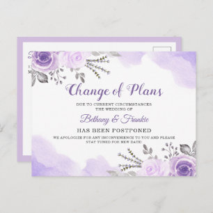 Change of Plans Announcement Chic Purple Floral Postcard