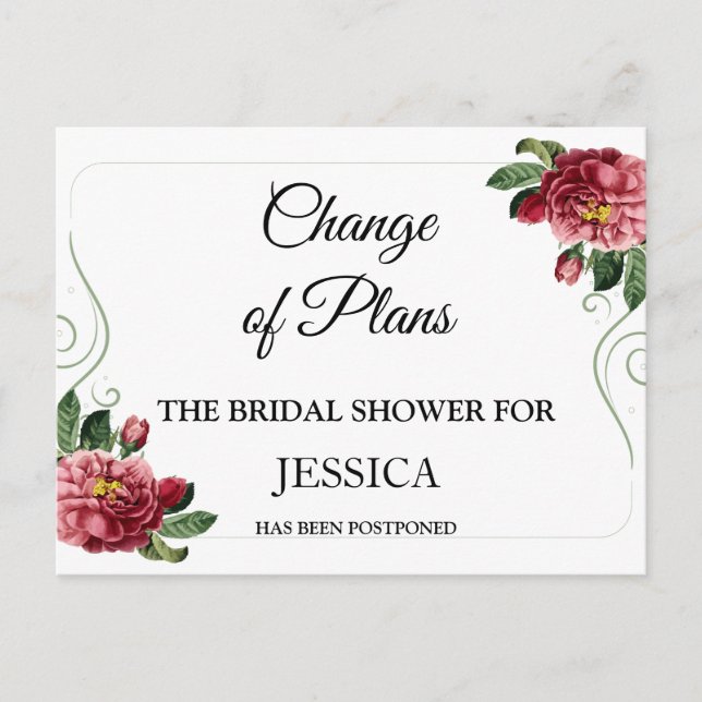 Change of Plans Bridal Shower Postponed Postcard (Front)