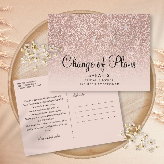 Change of Plans Bridal Shower Rose Gold Glitter Postcard (Change of Plans Bridal Shower Rose Gold Glitter Postcard)