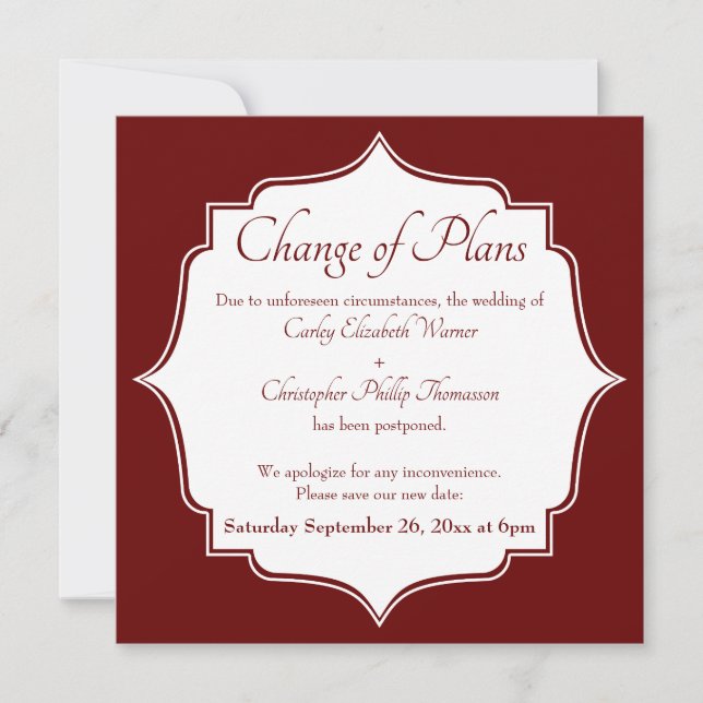 Change of Plans Burgundy Postponed Wedding Card (Front)