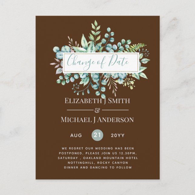 Change of Plans Date Greenery Eucalyptus Event Postcard (Front)