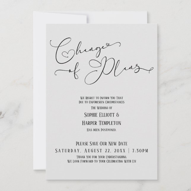 Change of Plans, Elegant Grey New Wedding Date Invitation (Front)