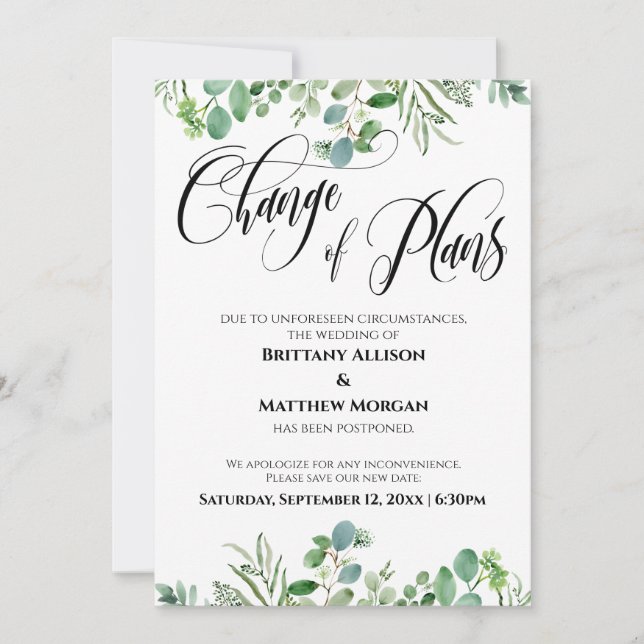 Change of Plans Eucalyptus Postponed Wedding Card (Front)