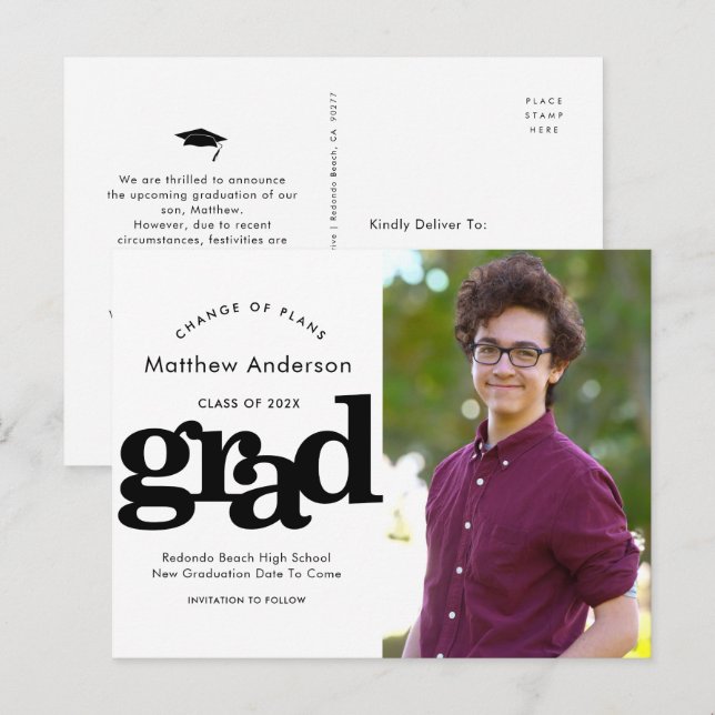Change of plans graduation black bold typography invitation postcard (Front/Back)