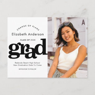 Change of plans graduation bold black typography invitation postcard