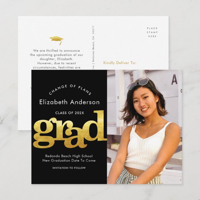Change of plans graduation gold black typography invitation postcard (Front/Back)