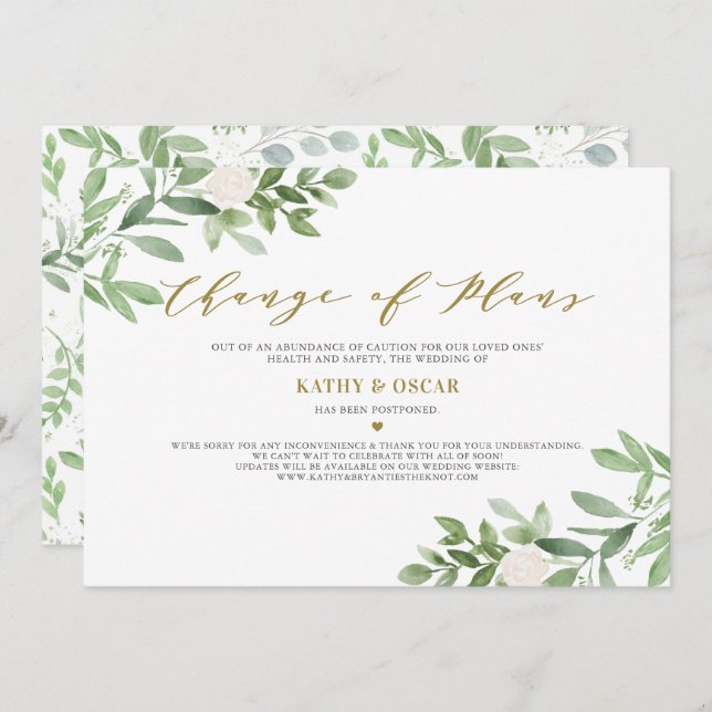 Change of Plans Greenery Wedding Postponement Invitation (Front/Back)
