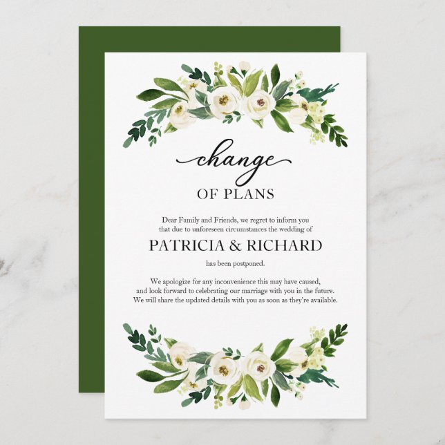Change Of Plans Greenery Wedding Postponement Invitation (Front/Back)
