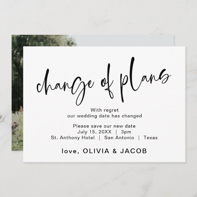 Change Of Plans | Modern Black and White Save The Date (Front/Back)