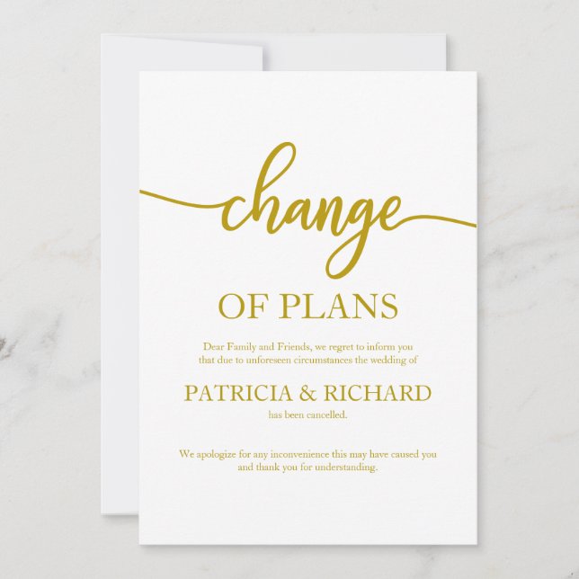 Change Of Plans Postponed Cancelled Wedding Gold Invitation (Front)