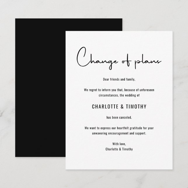 Change of Plans Postponed Cancelled Wedding Invitation (Front/Back)