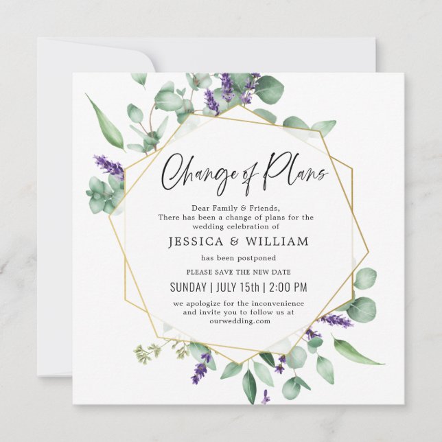 Change Of Plans Postponed Eucalyptus Lavender Invitation (Front)
